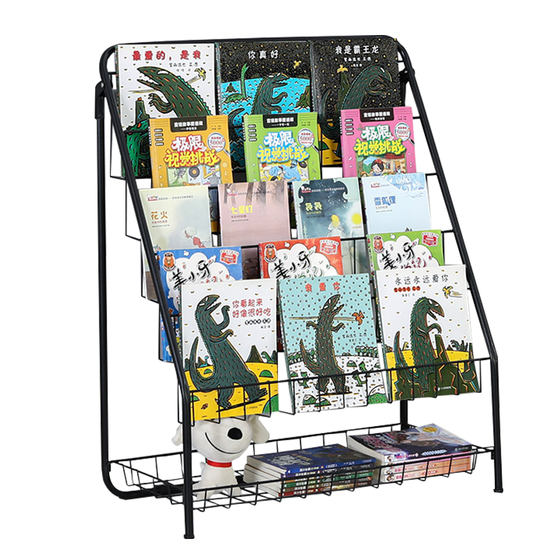 钱柜 儿童书架 绘本架 铁艺落地展示架幼儿园幼童宝宝阅读书架简易卧室置物玩具收纳架 书架 折叠免安装 L码 蓝色(宽72CM)