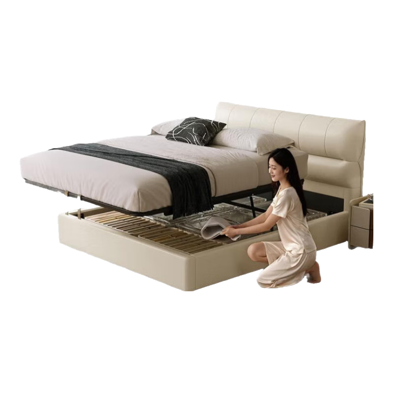 顾家家居现代简约牛皮软床高脚/储物卧室大床双人床皮艺床8566 【玉脂白】高脚款 1.8*2米