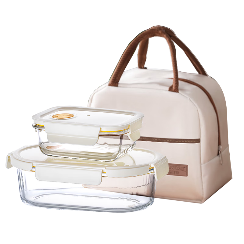 乐唯诗 LOVWISH食品级轻奢高硼硅玻璃饭盒微波炉加热专用上班族新款便当盒3件套 19.95元(需领券)