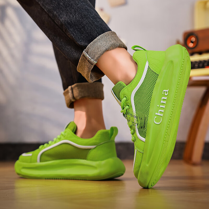 杜莎米娅夏季男鞋时尚透气网面鞋户外跑步运动鞋低帮增高厚底情侣休闲鞋 抹茶绿 4.5cm增高 44