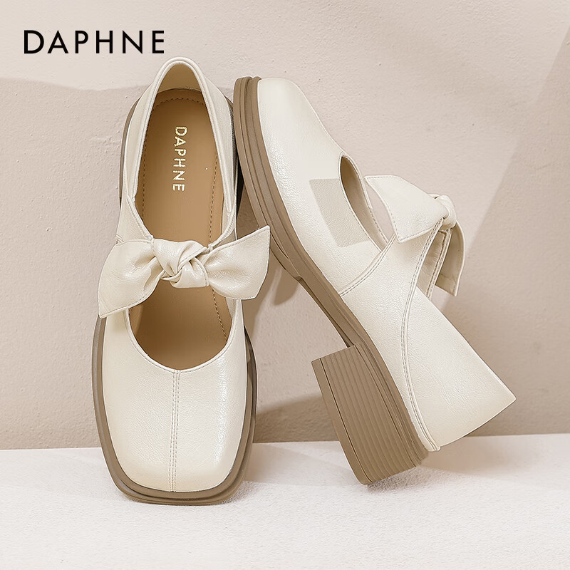 达芙妮复古玛丽珍女鞋2025新款鞋子女单鞋学院风乐福鞋厚底百搭小皮鞋JD 米白色【蝴蝶结款】 37