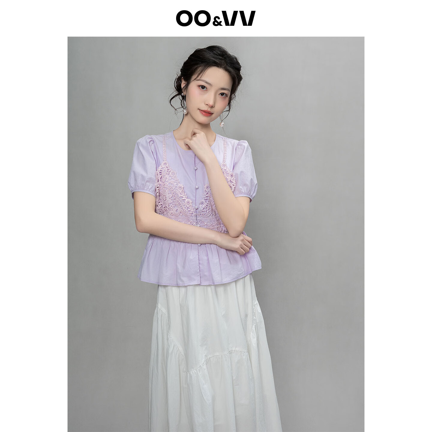 OO&VV蕾丝拼接短袖衬衫女2025夏新款圆领修身显瘦百搭上衣薄款 柔雾紫 XL