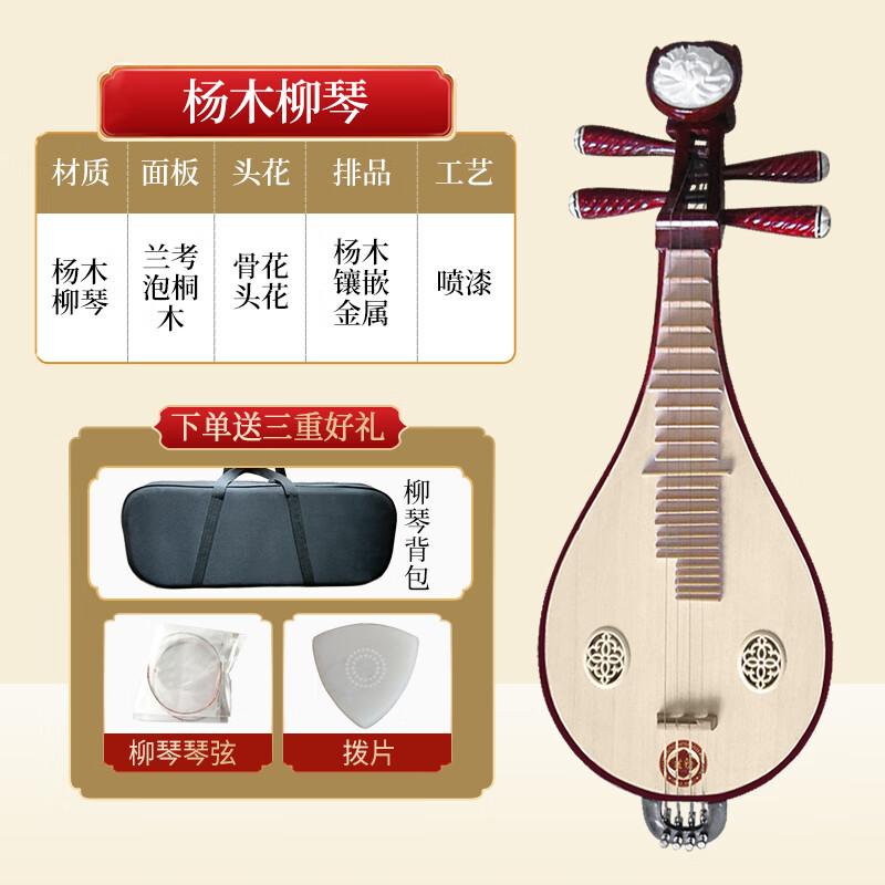 道韵新品/柳琴演奏练习花梨木白骨雕花原木抛光小琵琶 杨木柳琴+全套礼包