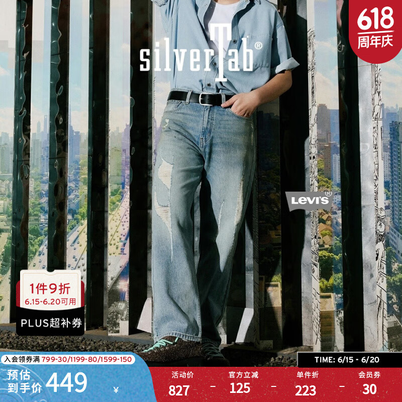 Levi's®SilverTab™25春夏新款男士美式高街破洞宽松直筒牛仔裤 蓝色 32 (32)