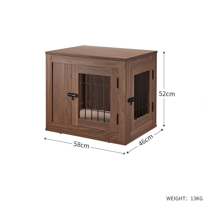 unipaws室內家具狗籠雙開(kāi)門(mén)木質(zhì)寵物籠子中型犬邊牧用鐵籠側開(kāi)門(mén) 胡桃色【小號】58*46*52cm