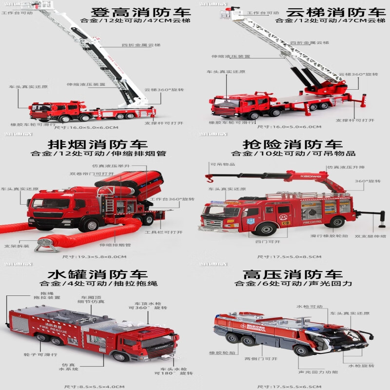 凯迪威合金登高消防车云梯车救援119灭火车水罐车仿真模型儿童玩具男孩 【80%选择】全套6款合金消防车