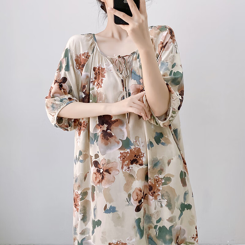 秦暖棉綢睡裙女夏季薄款綿綢睡衣清冷蝴蝶國風(fēng)新中式可外穿綿綢家居裙 水墨蝴蝶花 HX2412國風(fēng)裙 均碼 85-150可穿