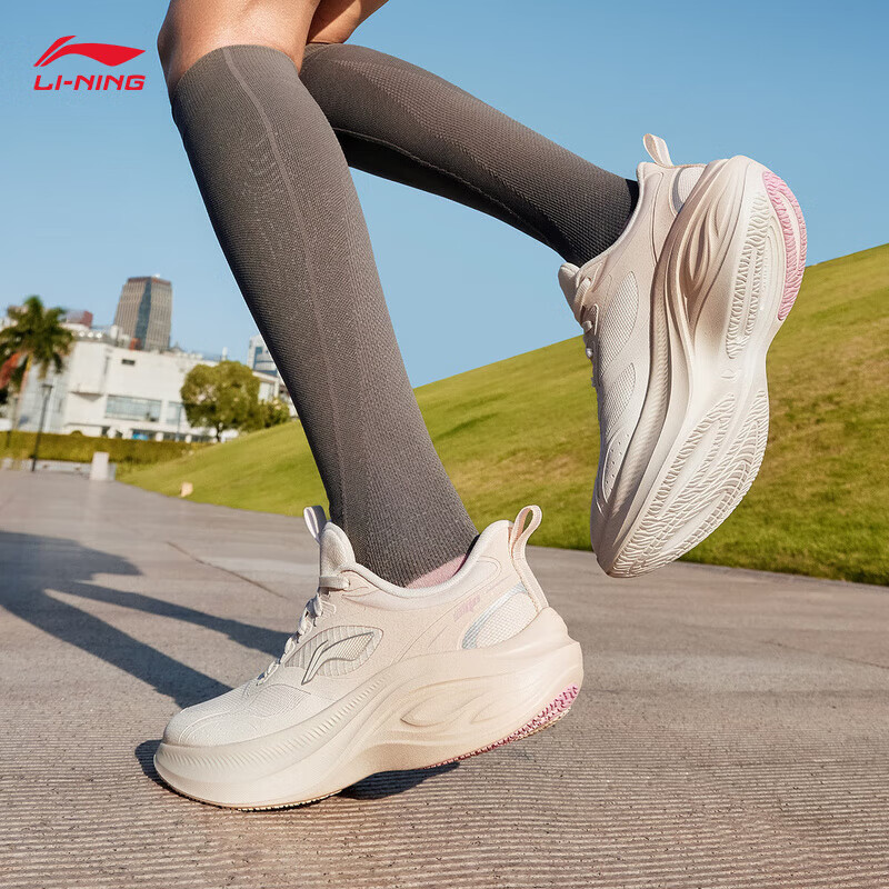 李宁凌波v2丨休闲慢跑鞋女鞋2025新款舒适透气简约低帮秋冬运动鞋 米白色/淡蕊橘-4 37
