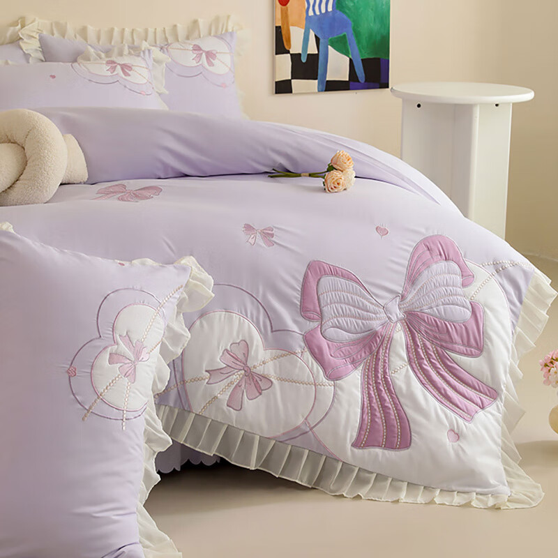 诸禄儿童磨毛床裙款四件套女孩亲肤贴布绣蝴蝶结被套单人女童2025新款 浪漫告白-紫 床单款 2.0m床单四件套被套220*2