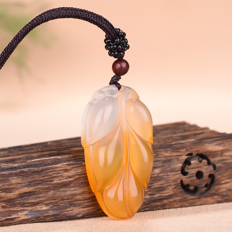 洁玉堂巴西玉髓俏色冰种金枝玉叶树叶吊坠珠宝首饰叶子挂件 玉坠礼物