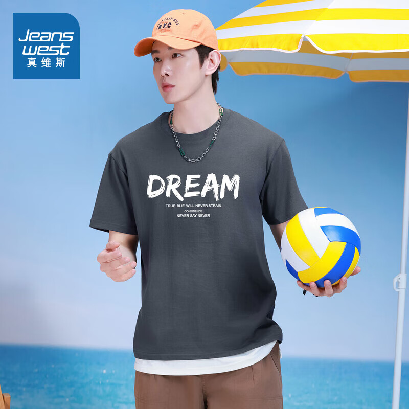 真维斯男装2夏季款美式潮流百搭字母多图印花纯棉短袖T恤上衣潮NXP 173BW4深灰2040 S 165/84A