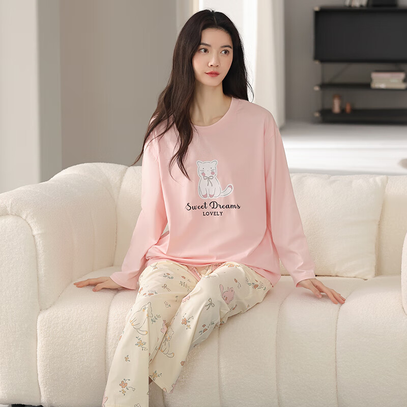 馨爱百年睡衣女春秋长袖纯棉韩版休闲宽松全棉女士套头家居服可外穿套装 QH5521 2XL