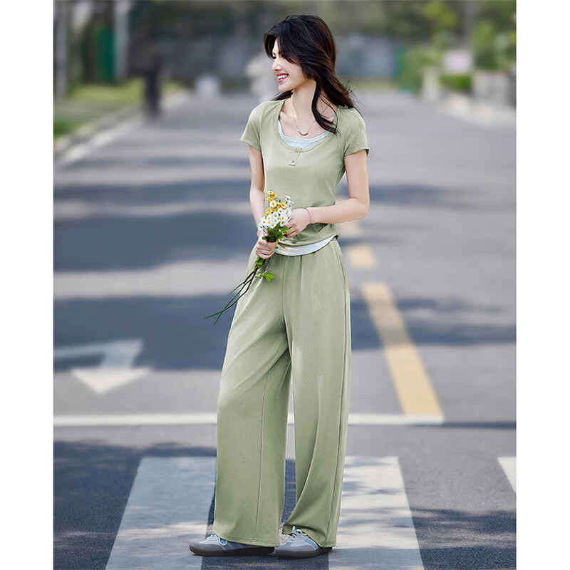 尚静休闲套装女夏季新款女装拼接撞色短袖T恤上衣宽松直筒裤两件套女 绿色+白色 M