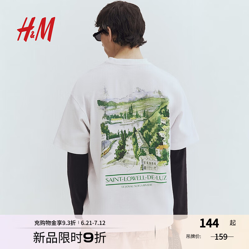 H&M男装女装T恤2025年夏季新款重磅宽松美式印花短袖上衣1269057 白色/Saint-Lowell-De-Luz L 175/108