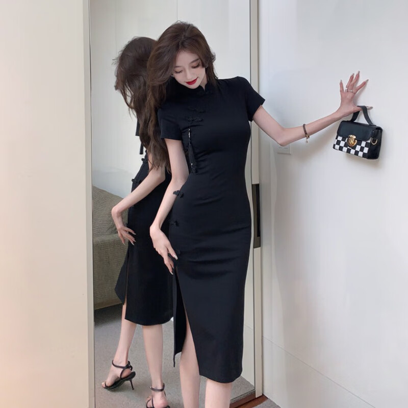 【优选】新中式黑色连衣裙女夏季复古盘扣改良旗袍设计感收腰开叉 黑色 S