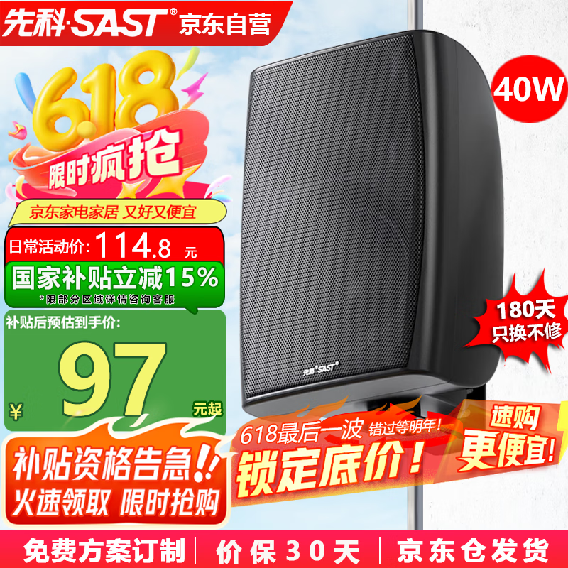 先科（SAST）DW40壁挂式音响音箱喇叭 40W无源需连功放机店铺商用工程会议室家用餐厅公共广播背景音乐 4英寸	