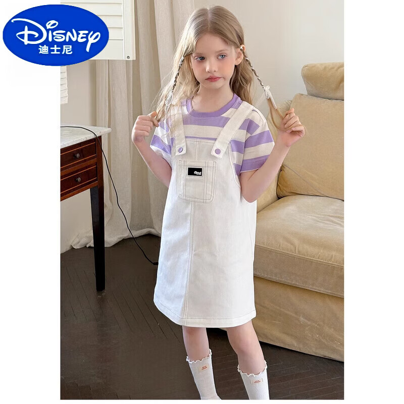DISNEY迪士尼DQ2025夏季新款潮流休閑小女孩裙裝百搭時髦女童連衣裙 紫色8300 110 cm
