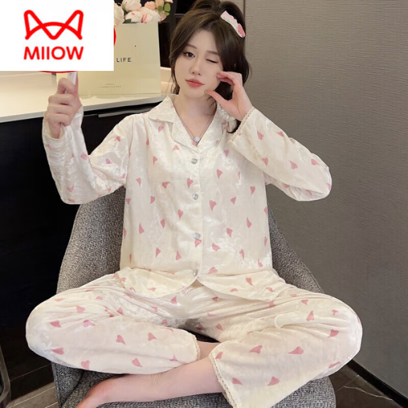 猫人（MiiOW）秋冬季长袖金丝绒睡衣女2026年新款可爱印花钻石绒家居服ins套装 HH-8906#爱心套装绒 M