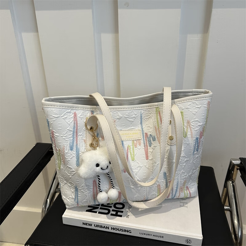 流行大容量拉链包包女2026新款简约大包可爱质感通勤托特包单肩包 蓝色带挂饰