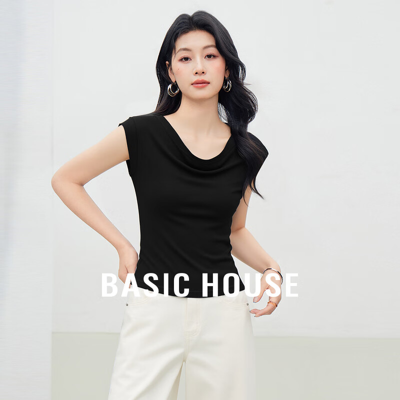 百家好（Basic House）百家好莱赛尔桑蚕丝短袖T恤女夏季宽松圆领薄款面膜t 黑色 M
