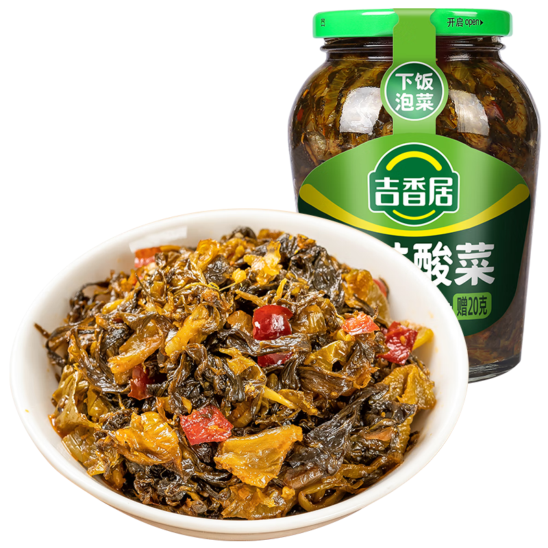 吉香居开味酸菜350g 脆口豇豆香辣三丝爽口瓶装下饭菜咸菜爽脆腌菜 开味酸菜330g赠20g