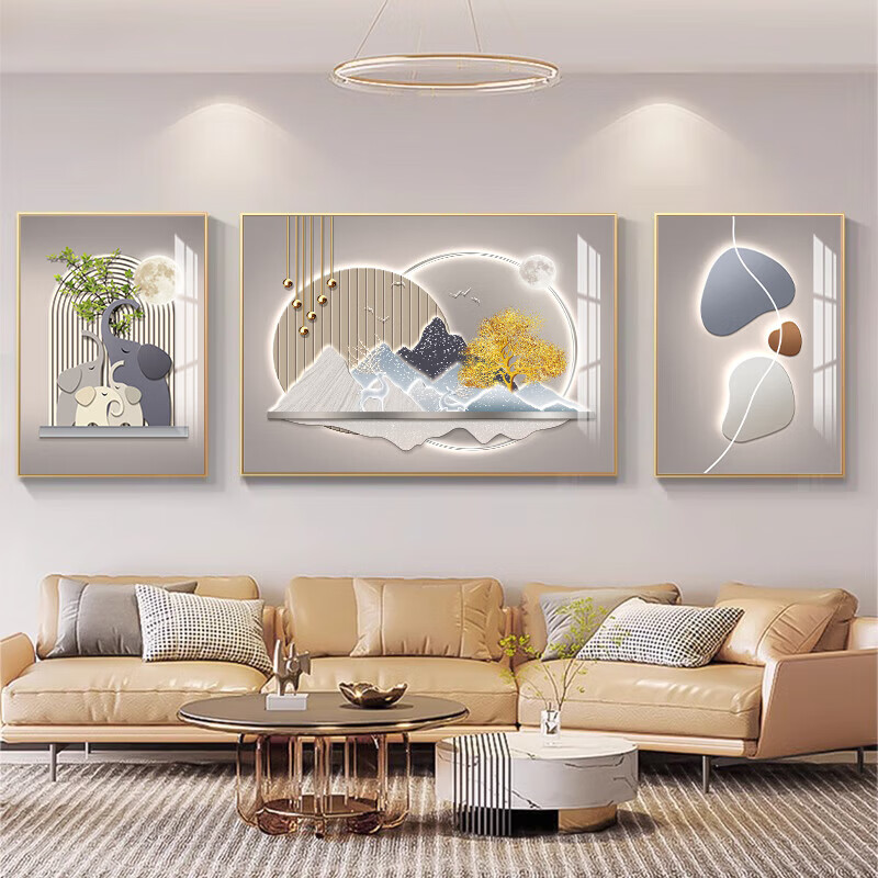 柳莺花燕轻奢新款沙发背景墙装饰画寓意好大气三联画现代简约客厅挂画 家和富贵 大套(左右60X80X中110X80)亚光纹理 铝合金边框(默发金色框)