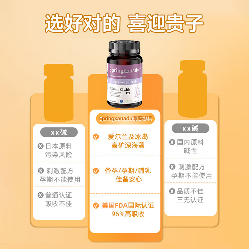 善仙度（SpringXanadu）有机海藻双碱钙k2孕妇柠檬酸钙哺乳期90粒碱性备孕生儿子善仙度 3瓶