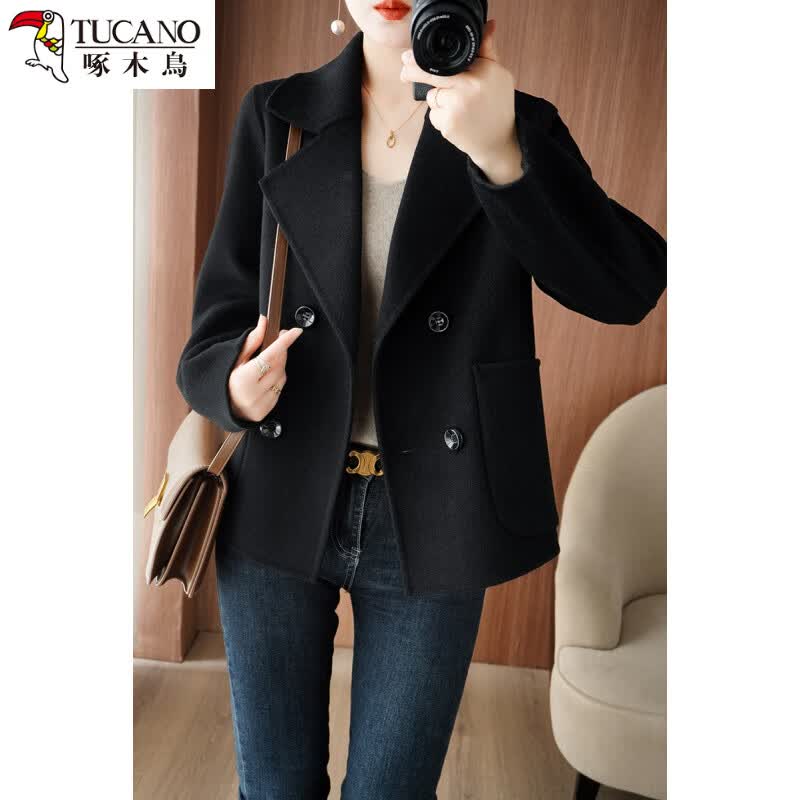 啄木鸟秋冬双面羊绒大衣女2024年新款感短款宽松小个子高端毛呢外套 黑色 M 110-125斤