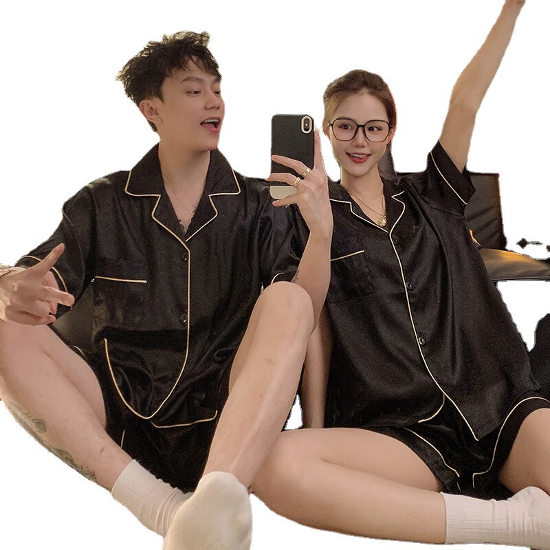 【厂家直发】夏季短袖情侣睡衣女冰丝薄款男士绸加肥加大码提花家 0045女-0046男 M 女