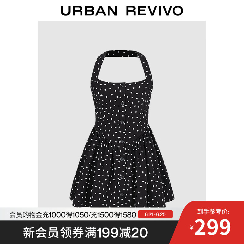UR2025夏季新款女法式波点挂脖露背纽扣短款连衣裙UWG750181 黑色印花 S
