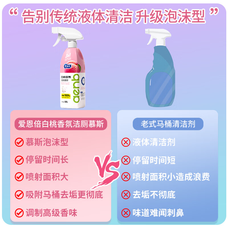 爱恩倍马桶清洁慕斯清洁剂洁厕泡泡厕所洁厕灵泡沫除垢去异味留香 白桃味 500g 2瓶 +1个喷头