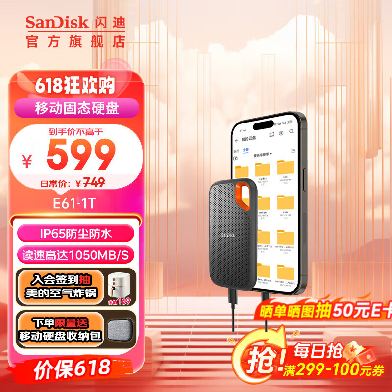 閃迪（SanDisk） Type-C接口NVMe高速SSD移動(dòng)固態(tài)硬盤E61存儲(chǔ)USB3.2Gen2 黑色 高速讀取1050MB/S 至尊極速卓越版1TB（送收納包）