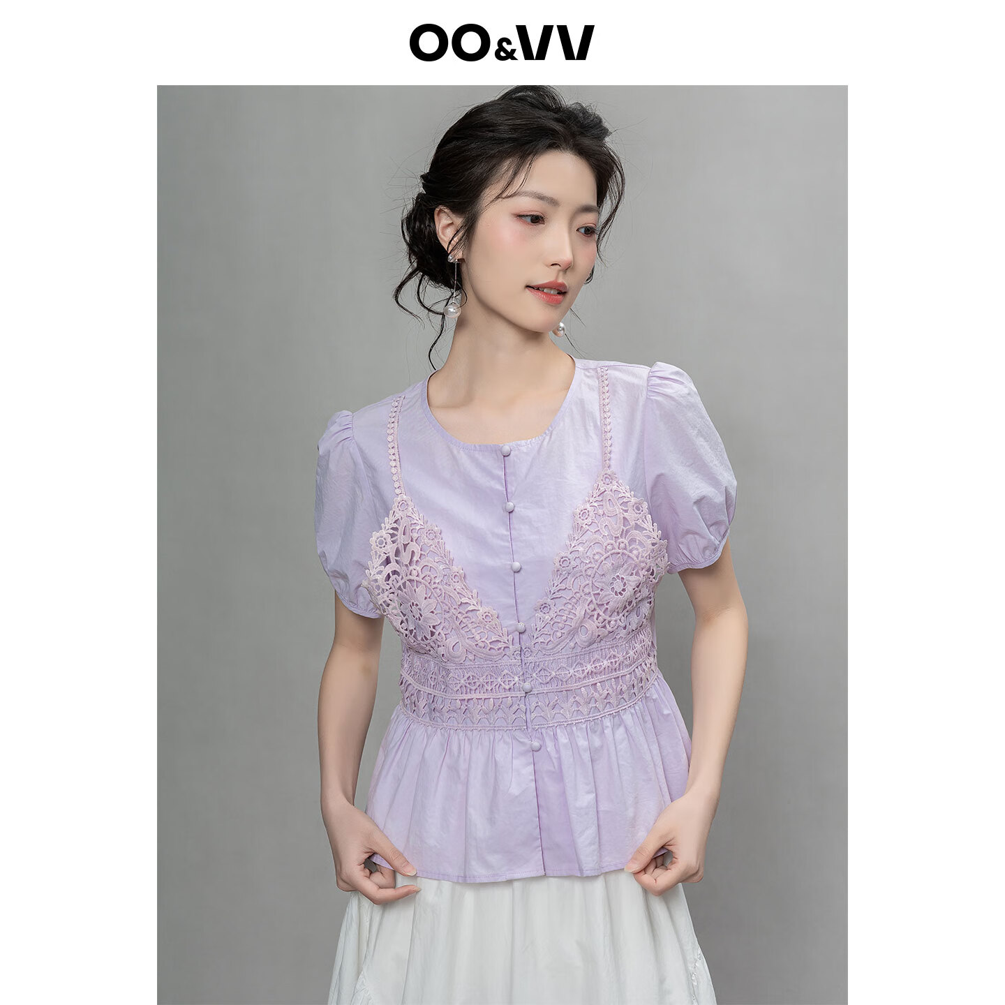 OO&VV蕾丝拼接短袖衬衫女2025夏新款圆领修身显瘦百搭上衣薄款 柔雾紫 XL