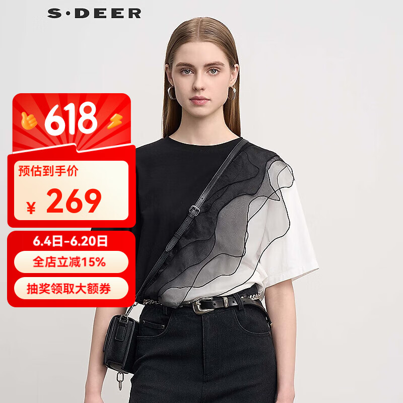 S.DEER圣迪奥夏季女装个性百搭时尚圆领欧根纱撞色短袖T恤S252Z01012 黑色/91 M
