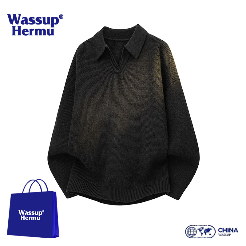 WASSUP HERMU官方毛衣男秋冬季高品质男士松弛风套头针织衫内搭打底上衣服外套 黑色 L （推荐120-140斤）