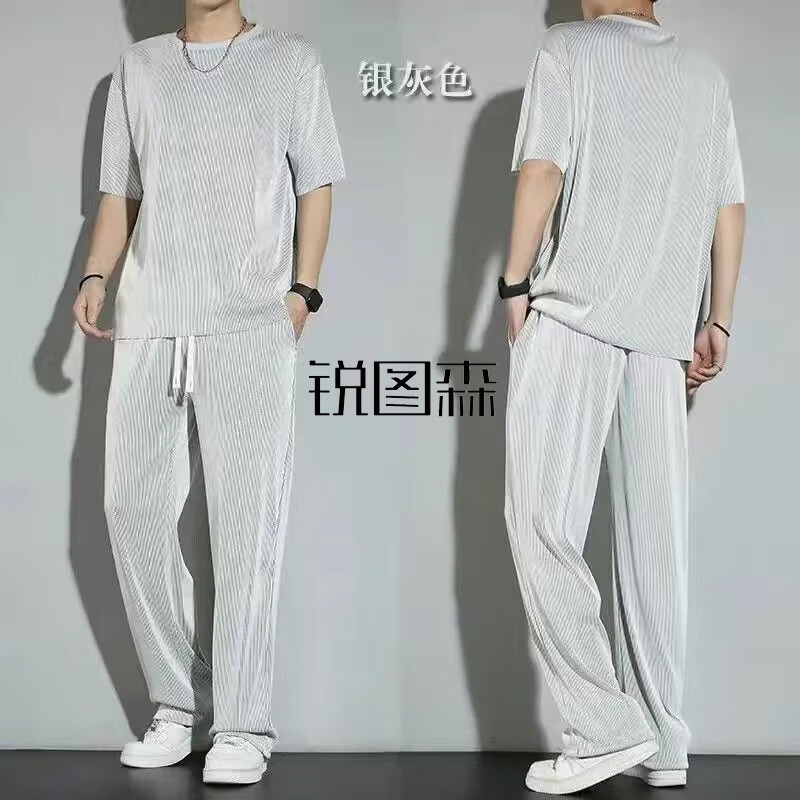 锐图森热销爆款冰丝罗纹套装夏季冰丝运动套装男垂感速干短袖长裤两件套 黑色 XL（建议110-130斤）