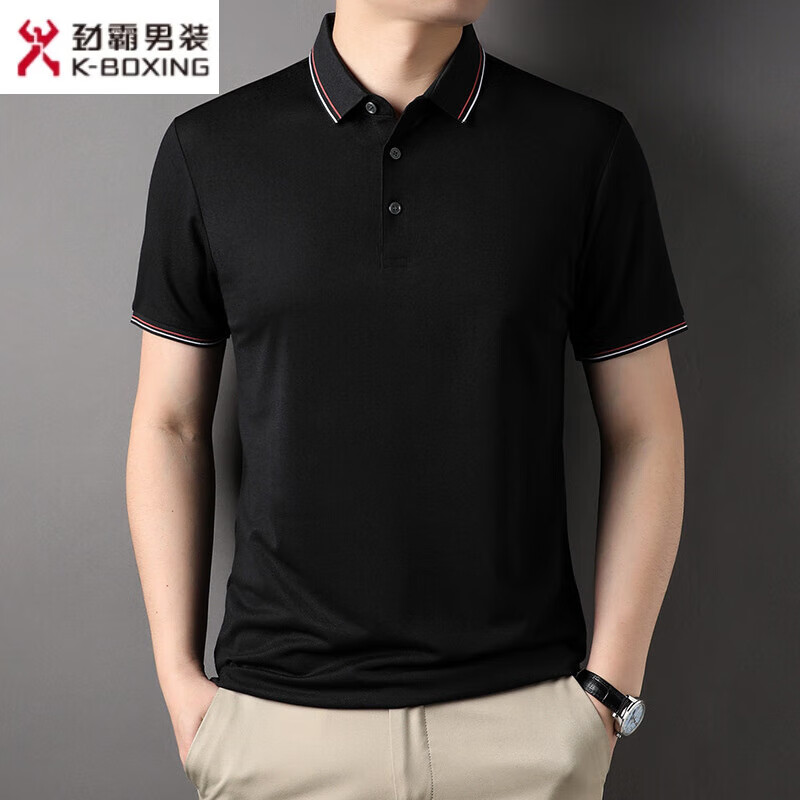 勁霸男裝（K-Boxing）短袖爸爸t恤中年男式透氣上衣新款POLO衫夏季薄款翻領(lǐng)體恤薄汗衫 黑色 M 165(90-110斤)