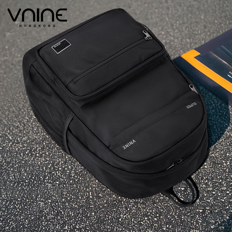 第九城(V.NINE)双肩包男生大容量背包女士简约百搭笔记本电脑包大学生书包 曜石黑