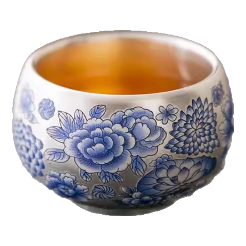 憶盞堂999陶瓷鎏銀茶杯主人杯高檔品茗杯功夫茶盞送禮品長(zhǎng)輩領(lǐng)導(dǎo)禮盒裝 青花鎏銀主人茶杯
