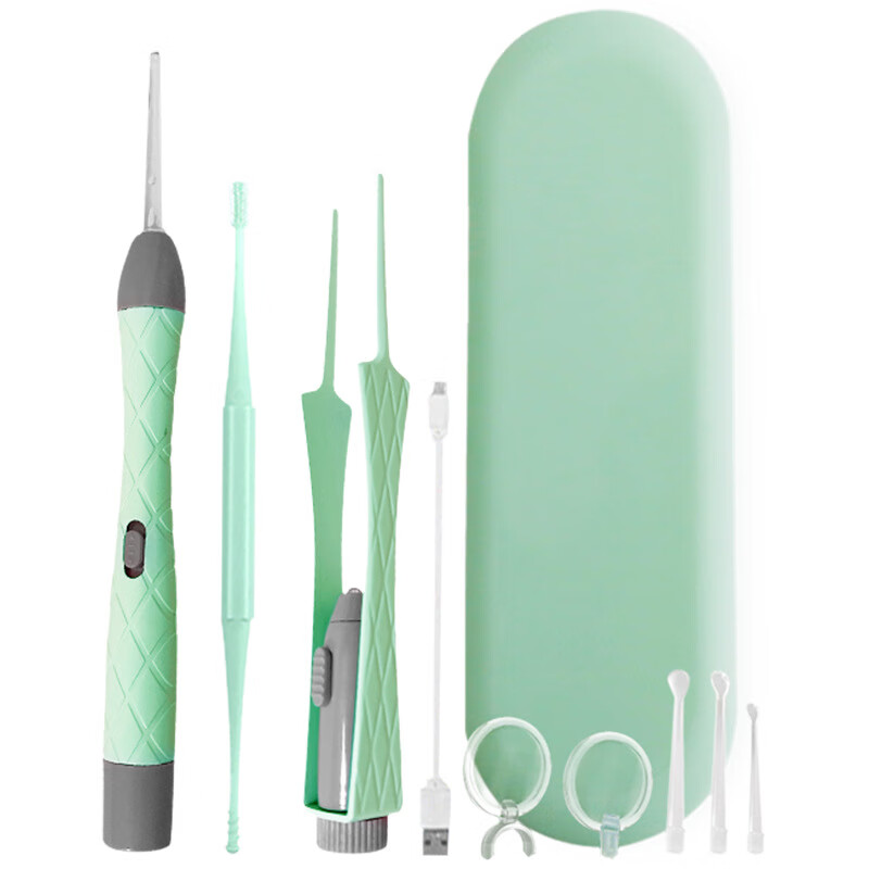 好伊貝發(fā)光耳勺兒童成人挖耳勺耳鑷掏耳朵帶燈耳屎鑷子可視工具 發(fā)光耳勺3件套USB款綠色