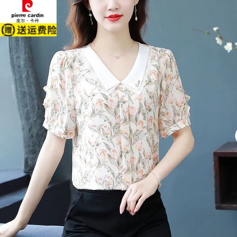 皮尔卡丹（pierre cardin）雪纺小衫女2025新款夏季洋气质显瘦时尚碎花短袖娃娃领上衣 绿色大花朵  2XL 120-130斤
