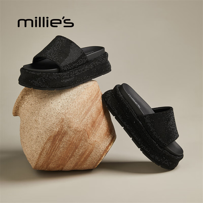 妙丽拖鞋女厚底外穿露趾细钻时尚2025夏季新款百搭配裙子半拖鞋 黑色 37 (235mm) 标准码