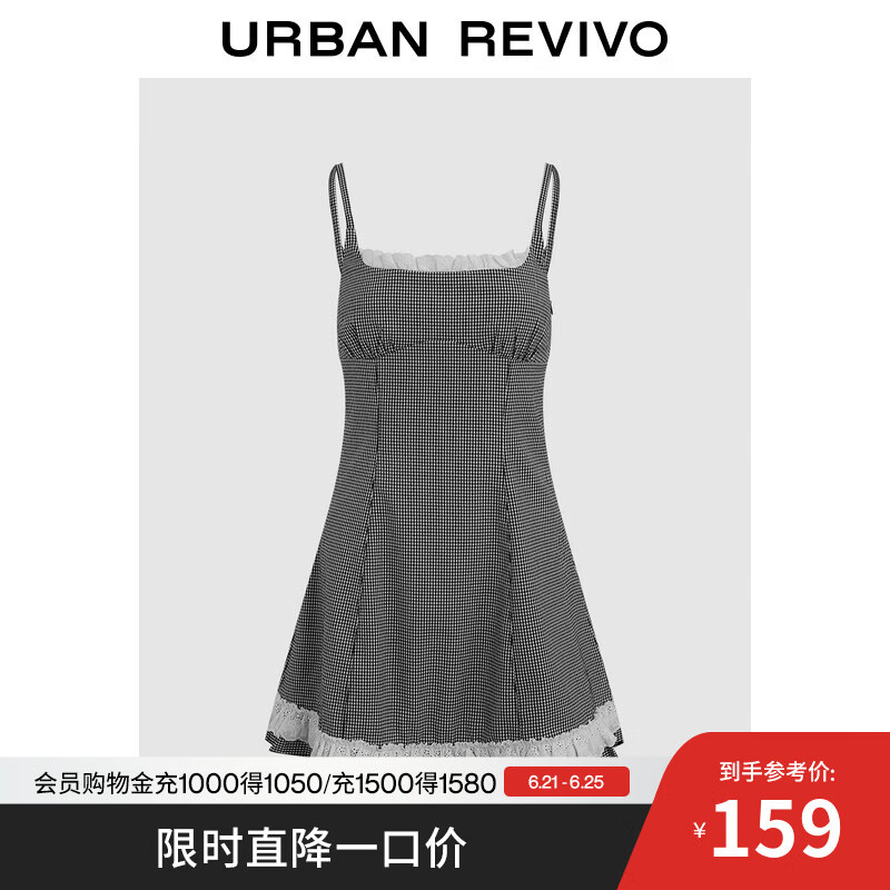 UR2025夏季新款女复古撞色格纹蕾丝花边无袖连衣裙UYL750067 黑色格子 XS