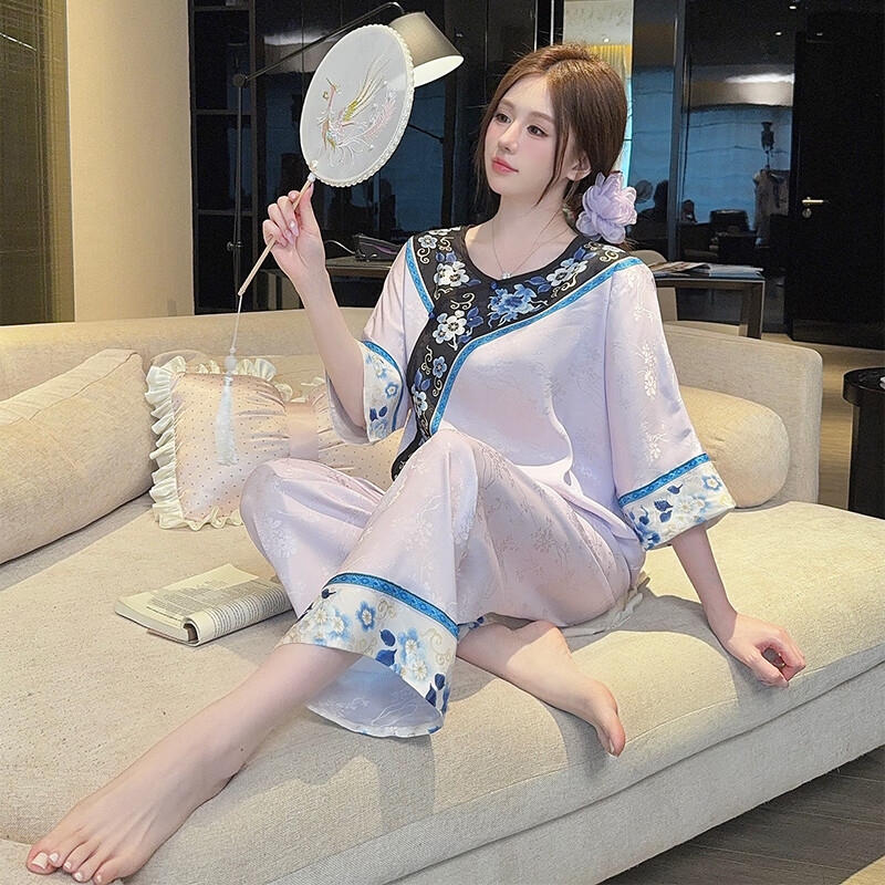 萧淑妃新中式国风睡衣女夏季凉感薄款冰丝复古少奶奶半袖长裤家居服套装 紫色 XL