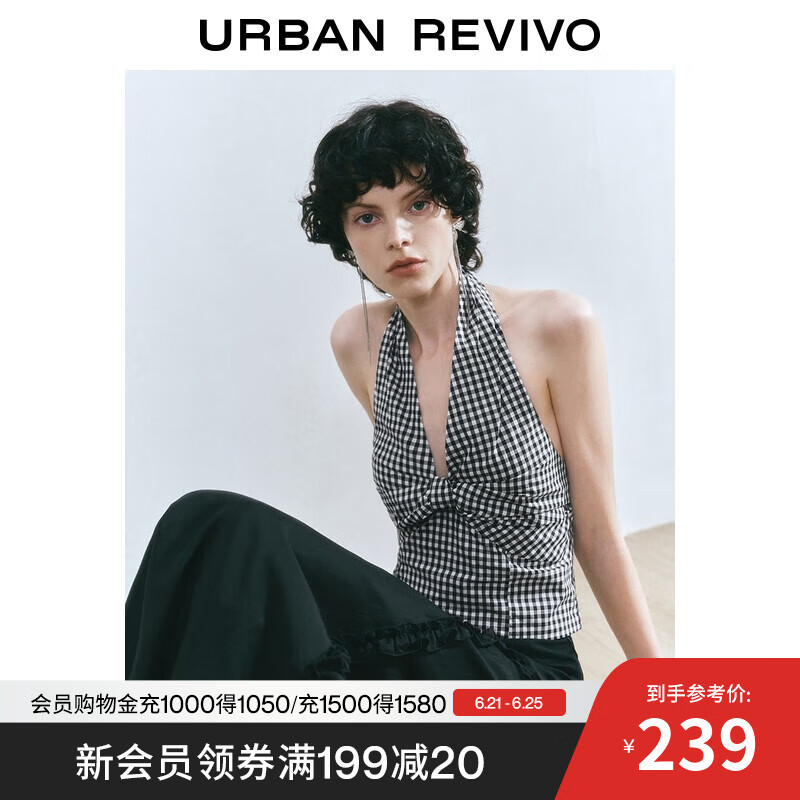 UR2025夏季新款女装设计感挂脖打揽格纹吊带衫UYU250079 黑色格子 S