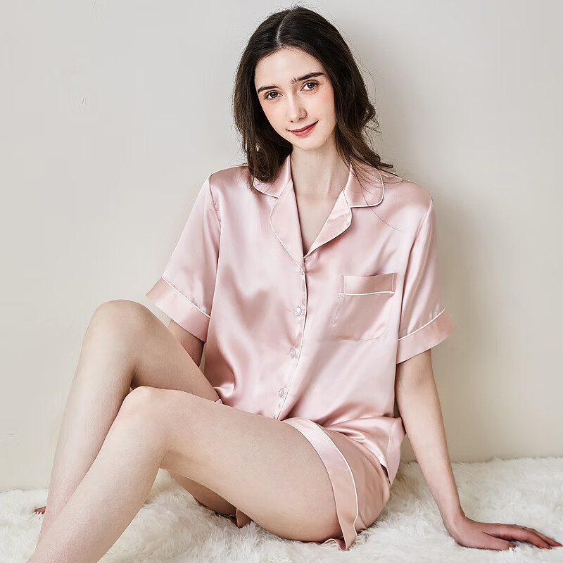 江南故事真丝睡衣情侣两件套100%桑蚕丝家居服可外穿丝绸睡衣生日礼物秋冬 粉色（女）【短袖短裤】 2XL