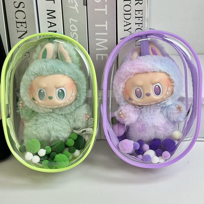 MPPMCK拉布布保护套泡泡玛特labubu搪胶毛绒公仔保护壳透明防尘罩超清 粉色【赠硅胶绳+毛球】不含娃