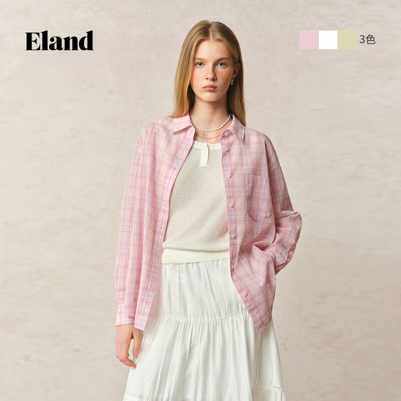 ELAND【亞麻】衣戀襯衫女翻領(lǐng)后背抽碎褶長袖寬松25夏季新款淡人 淺粉色(26)L/Pink-A款F25T7A M /165