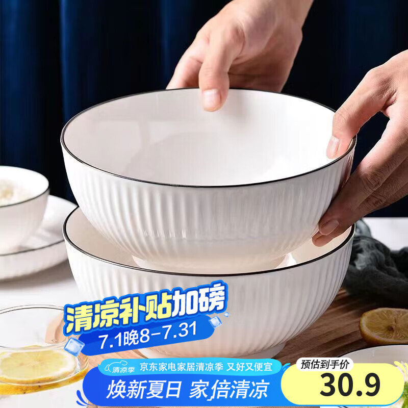 贺川屋汤碗大号日式釉下彩8英寸斗笠碗家用大碗吃面碗 2只装 竖纹黑线