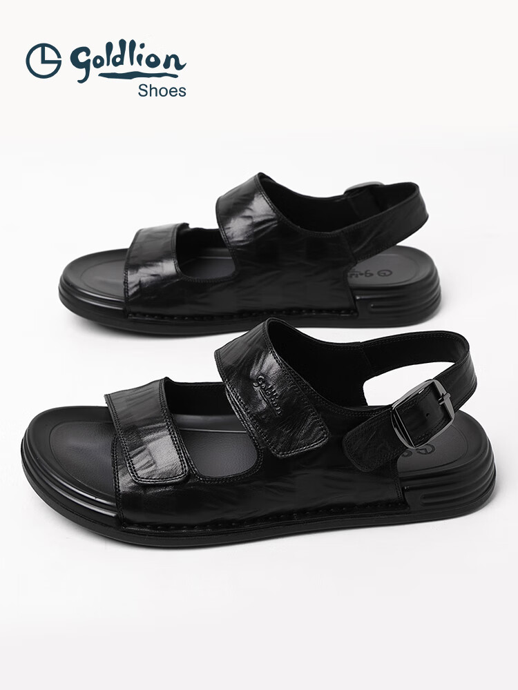 金利来男鞋2025夏季新款时尚休闲沙难鞋真皮透气外穿轻底男士凉鞋 黑色-JY 40